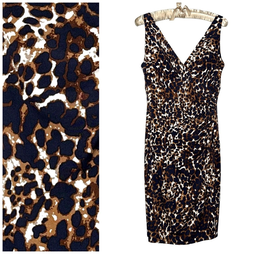 LRL Ralph Lauren 12 Animal Print Sleeveless Ruched Faux Wrap Dress Stretch Navy